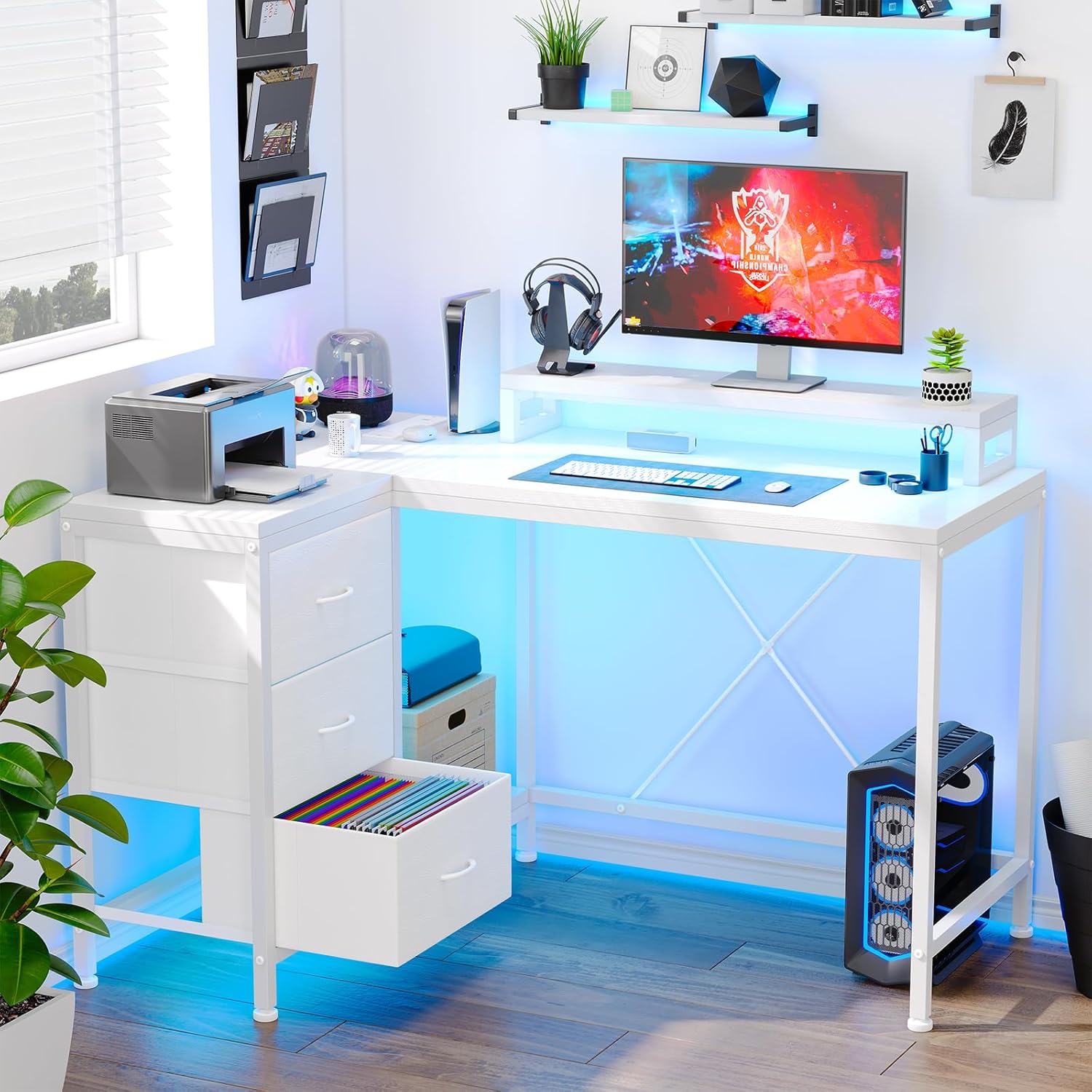 L Shaped Office Desk with Power Outlets, Computer Desk with Drawers, Shelves, for Gaming, Corner Work, Home Office, Study