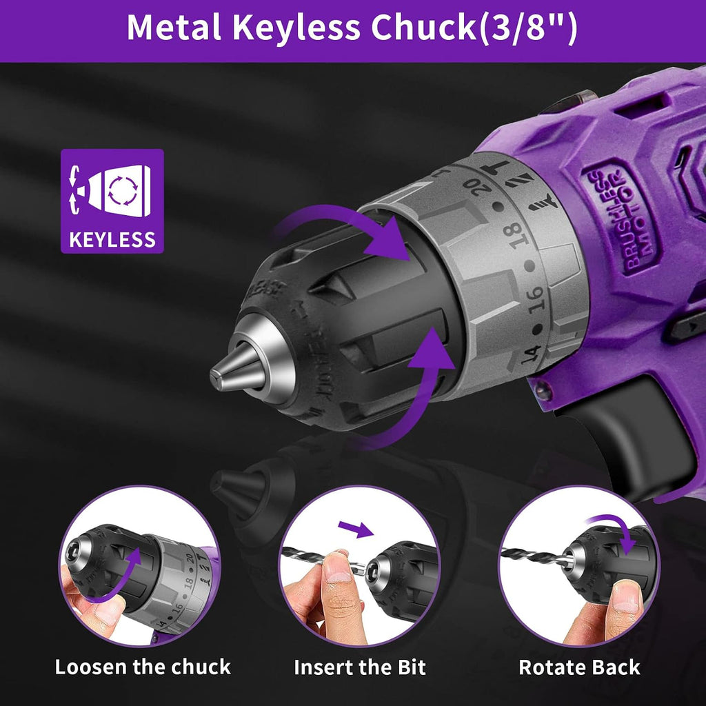 Purple Brushless Cordless Drill Set, 20V Compact Power Driver Kit with Electric Motor, 20+3 Torque Setting, 48 N.m, 2 Variable Speed, 23pcs Driver Bits, and Tool Box for Women Men Home DIY