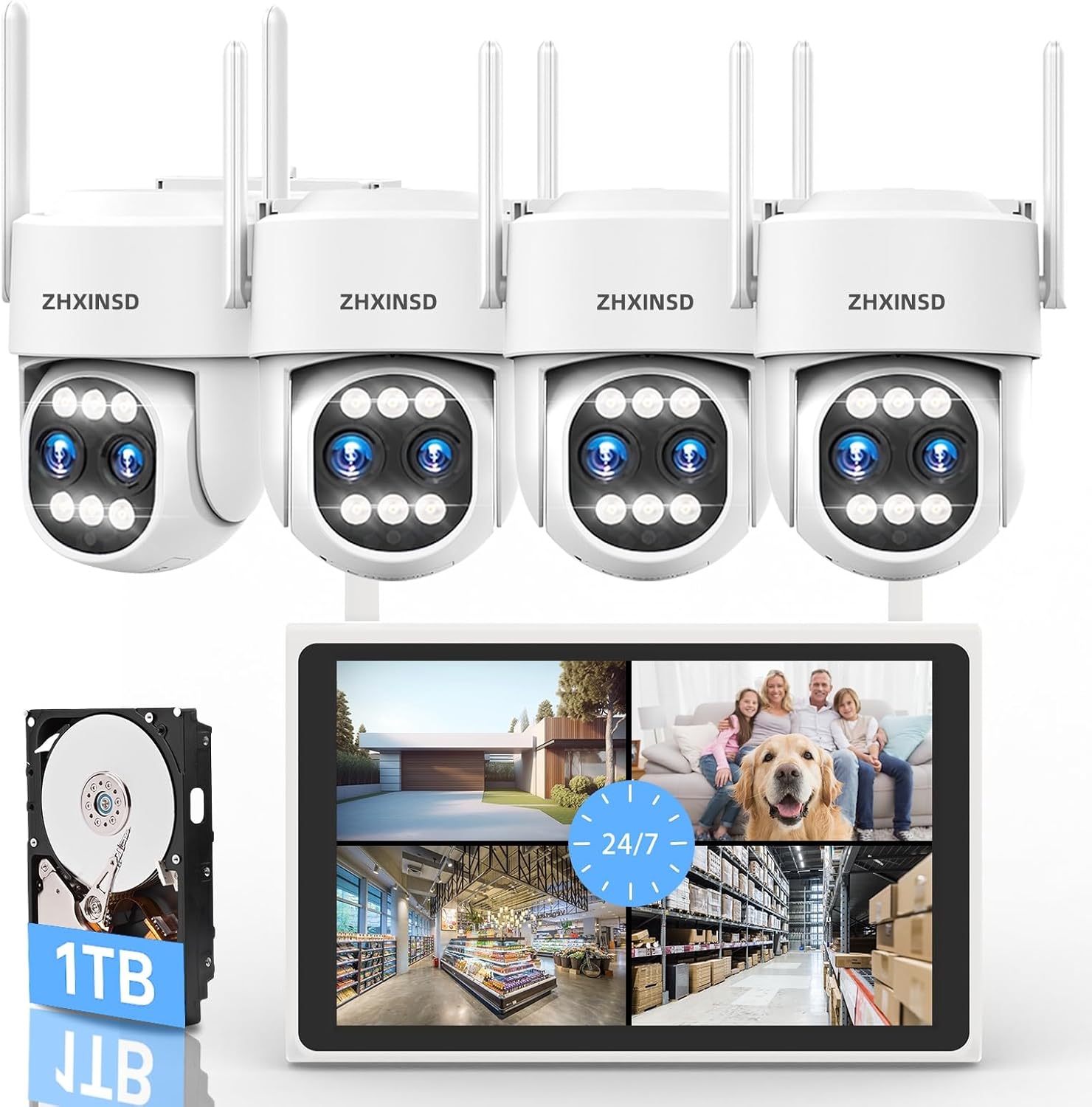 4K Security Camera System Wireless, Dual Lens 4MP+4MP 10X Zoom 2.4G/5G PTZ Cameras for Outdoor Home Security, Auto Tracking, 10' Monitor NVR Pre-Installed with 1TB HDD, 24/7 Record