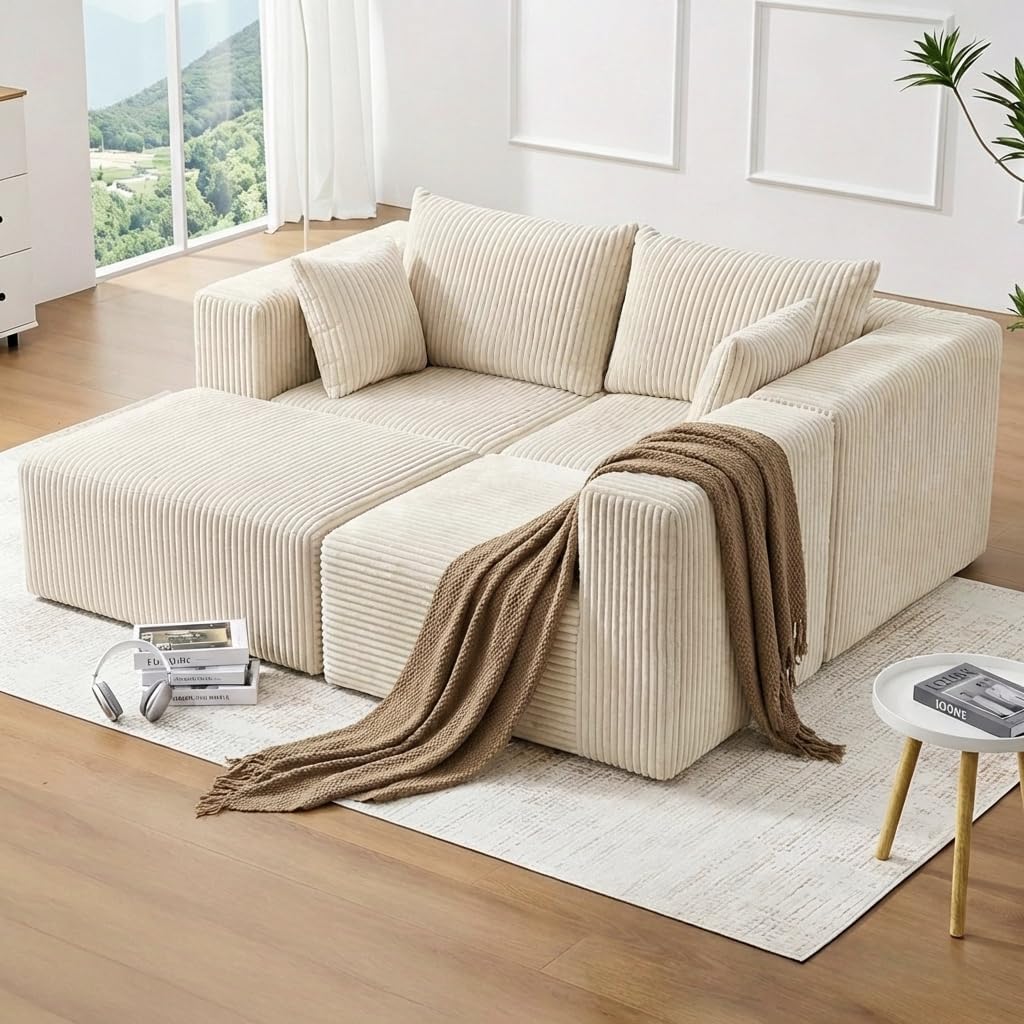 110' Cloud Modular Sectional Combination Couch with Ottoman, Deep Seat L-Shaped Sofa with Oversized Lounge, Modern Corduroy Upholstered Memory Foam Sofa for Bedroom, No Assembly (Natural White)