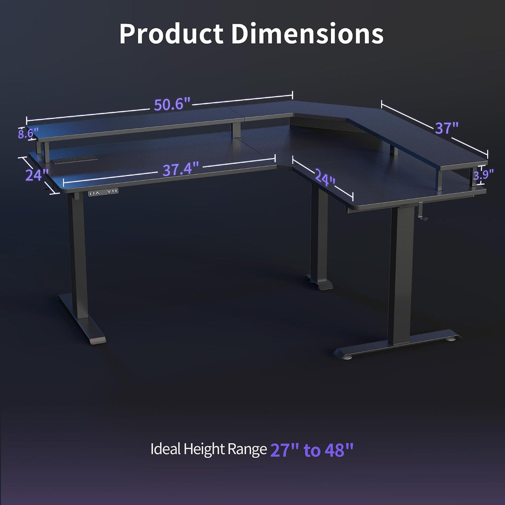 FEZIBO 63'x49' L Shaped Standing Desk with LED Strip & Power Outlets, Height Adjustable Sit Stand Corner Computer Desk with Ergonomic Monitor Stand, Black Top/Black Frame