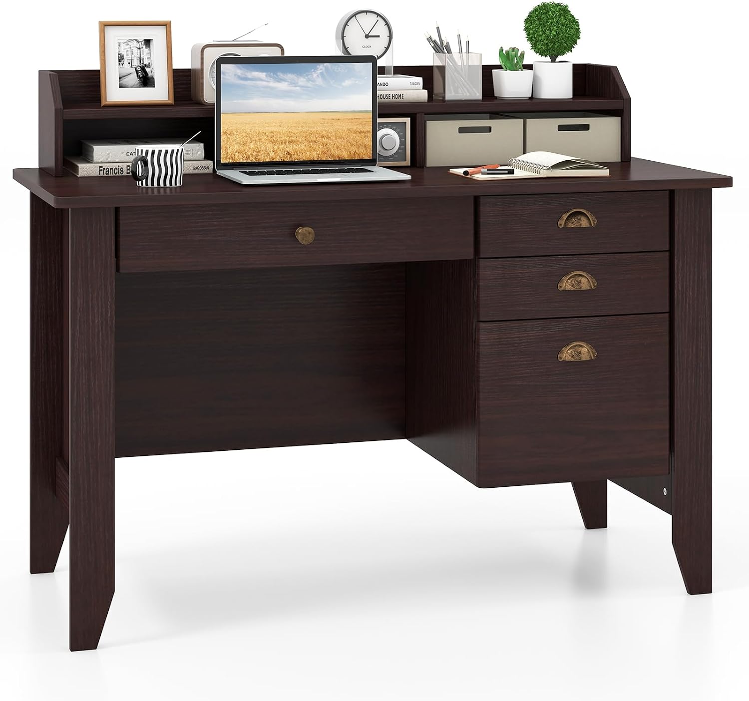 Tangkula Computer Desk with 4 Storage Drawers & Hutch, Home Office Desk Vintage Desk with Storage Shelves, Wooden Executive Desk Writing Study Desk (Brown)