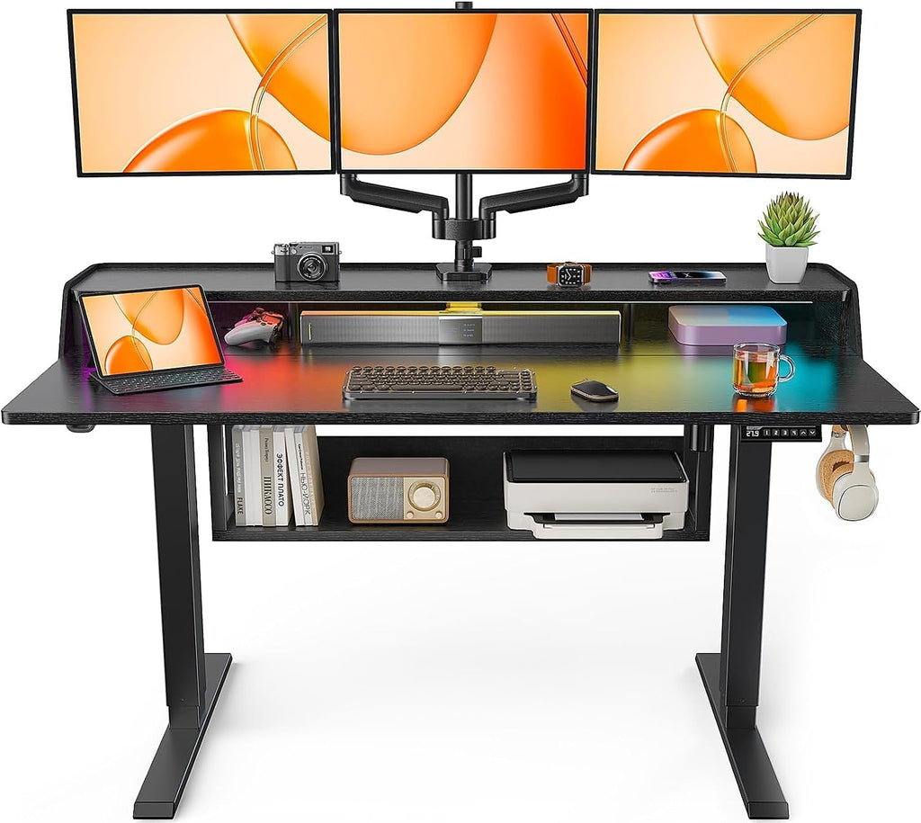 ErGear Electric Standing Desk, 55x28 Inch Adjustable Sit Stand Desk with Bookshelf & Monitor Stand, Standing Gaming Desk with LED Light Strip, Stand Up Desk for Home Office, Black
