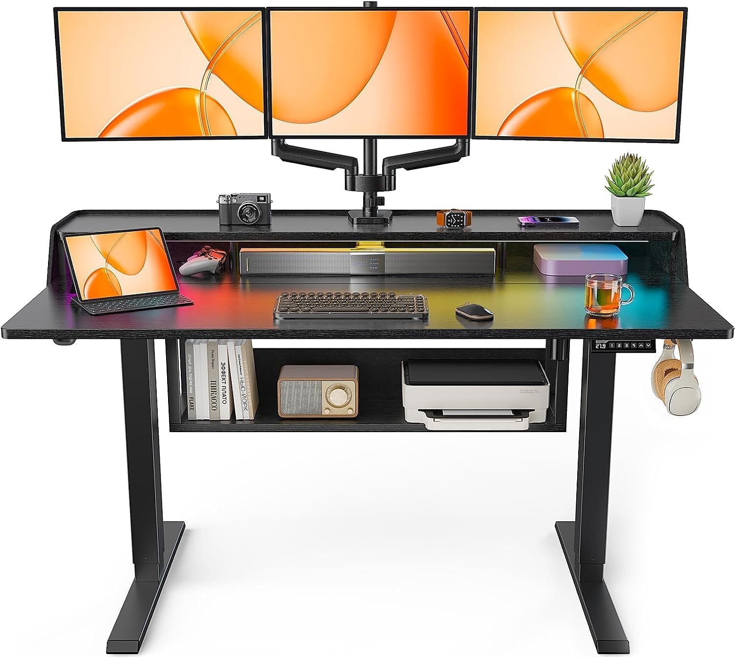 ErGear Electric Standing Desk, 55x28 Inch Adjustable Sit Stand Desk with Bookshelf & Monitor Stand, Standing Gaming Desk with LED Light Strip, Stand Up Desk for Home Office, Black