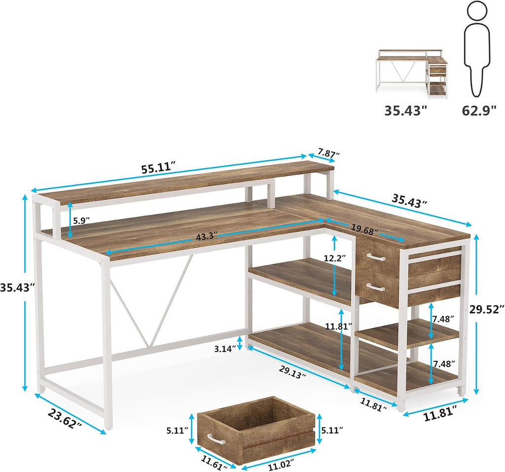 Tribesigns L Shaped Desk with Drawers and Monitor Stand, L Corner Desk with Storage Shelves, Beige Wooden PC Table for Samll Home Office