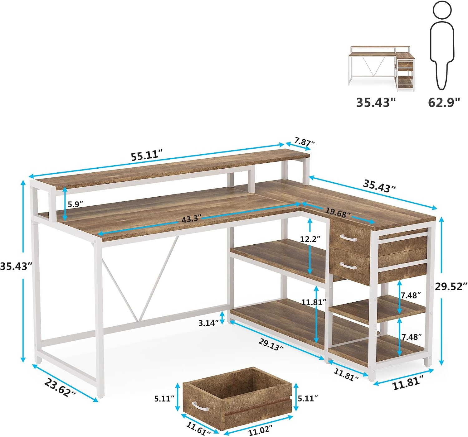 Tribesigns L Shaped Desk with Drawers and Monitor Stand, L Corner Desk with Storage Shelves, Beige Wooden PC Table for Samll Home Office