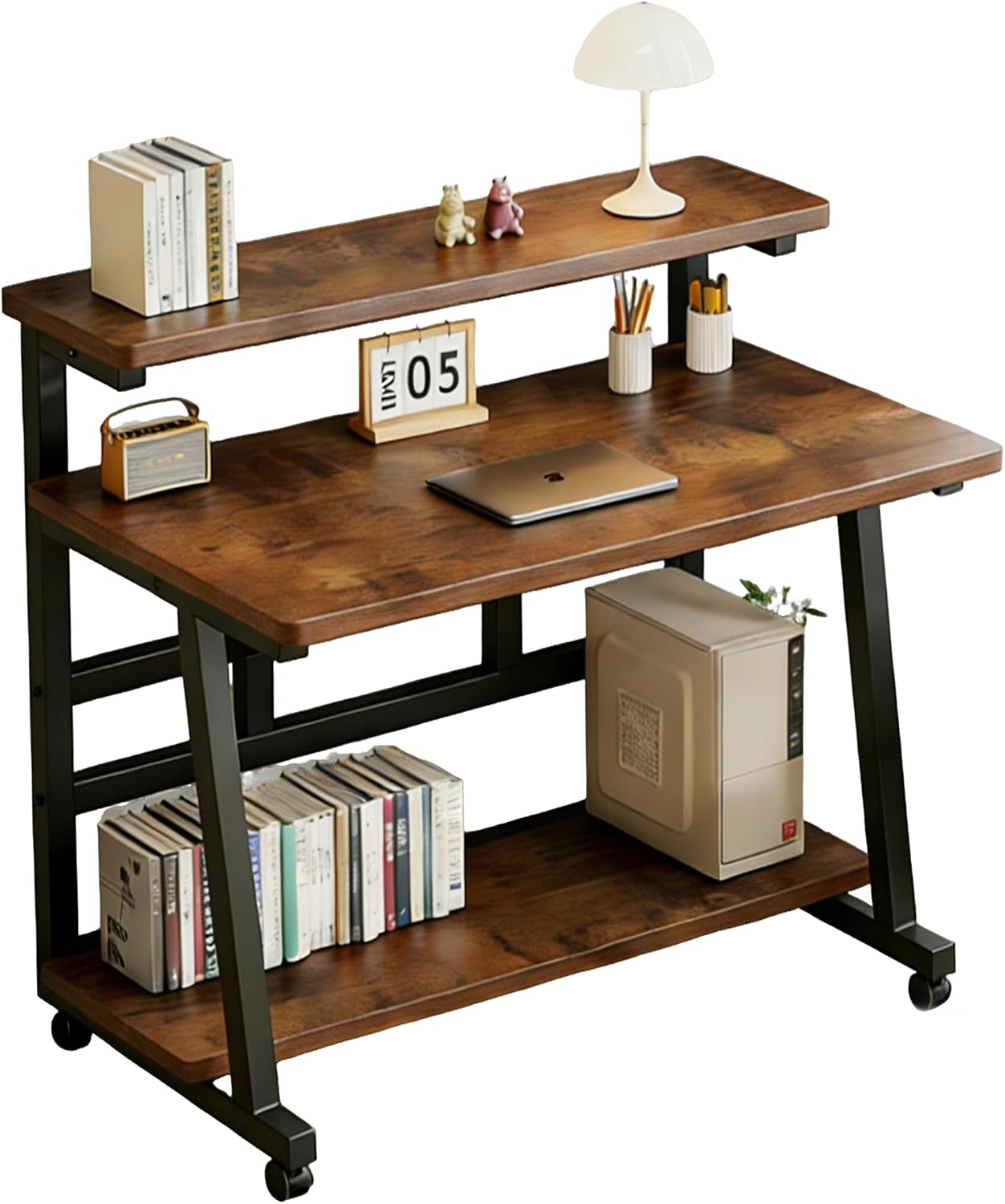 31.5 Inch Compact Rolling Computer Desk with Tier Worktable & Lockable Wheels, Small Computer Desk, Small Desk for Bedroom, Mobile Writing Workstation Easy Assembly for Home Office Small Spaces