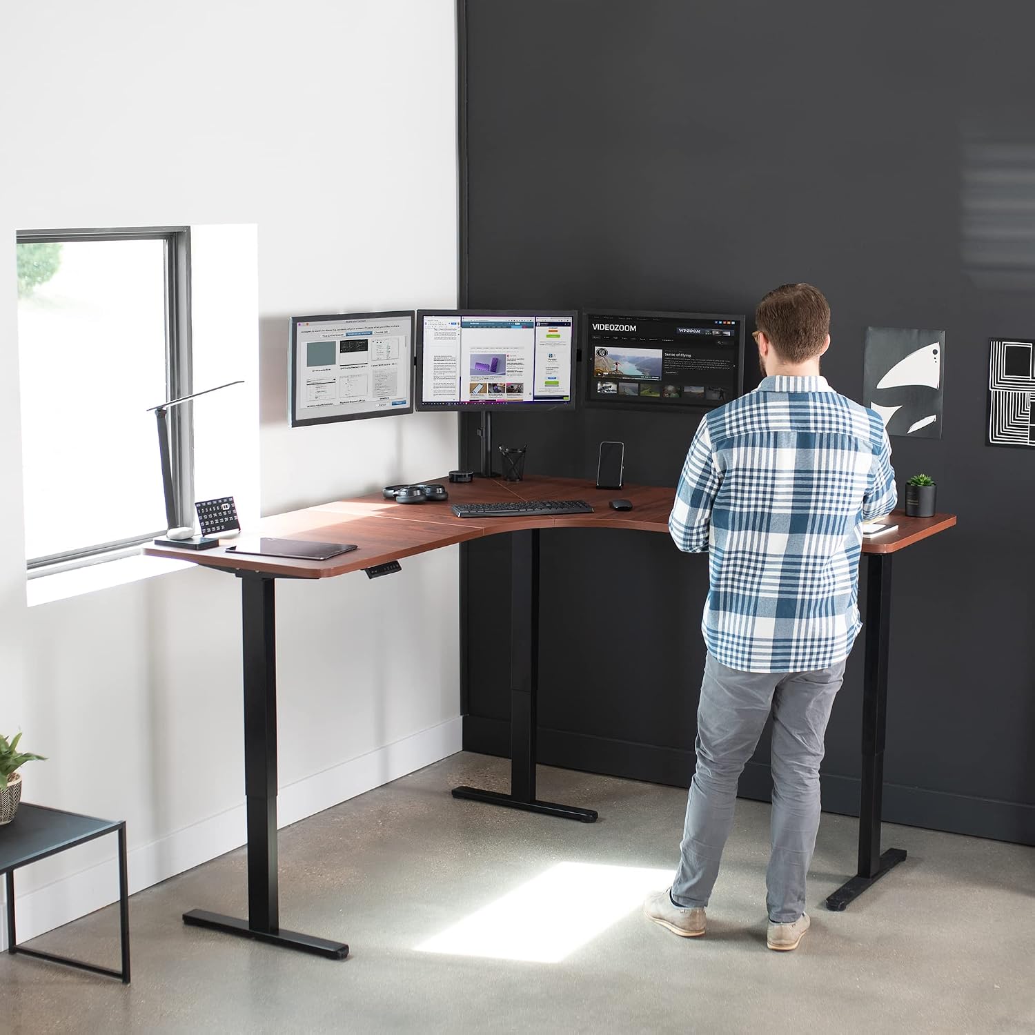 VIVO Universal 71 x 71 inch Curved Corner Table Top for L-Shape Sit to Stand Height Adjustable Home and Office 3-Leg Desk Frames, Dark Walnut Desktop, DESK-TOP2CD