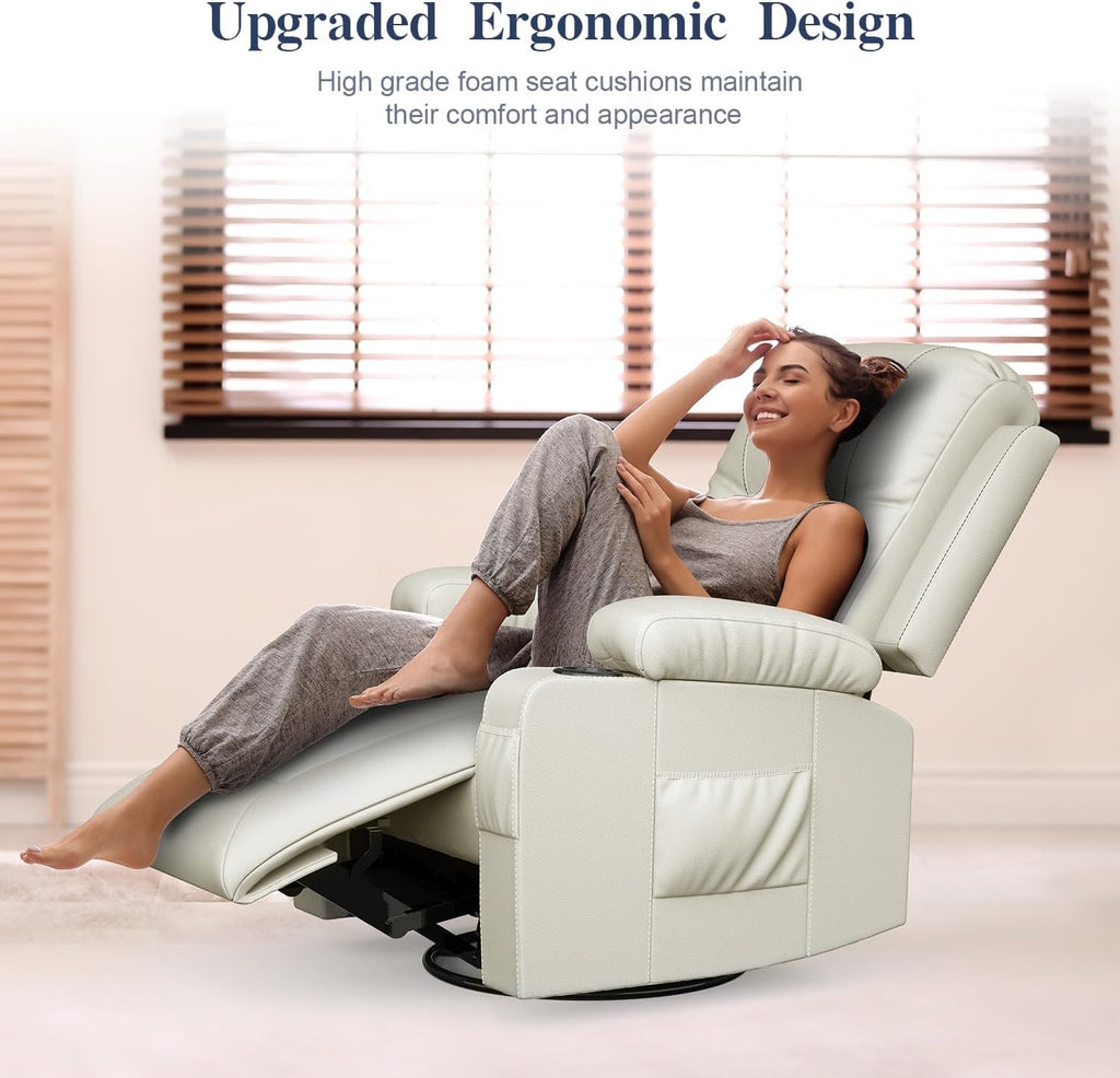 FURNIMAT Recliner Chairs for Adults, Massage Rocker with Heated Modern Ergonomic Lounge 360 Degree Swivel Single Sofa Seat Living Room Lounge Recliners Ivory White