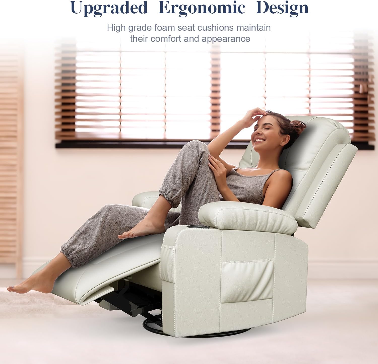 FURNIMAT Recliner Chairs for Adults, Massage Rocker with Heated Modern Ergonomic Lounge 360 Degree Swivel Single Sofa Seat Living Room Lounge Recliners Ivory White