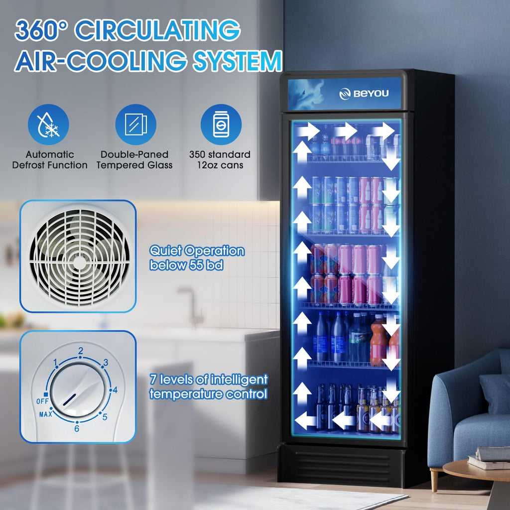 BEYOU Display Merchandiser Refrigerator, 13.3 cu. Ft Commercial Upright Beverage Fridge with single Glass Door, Drink Cooler for Living Room,Bar,Garage（Black）
