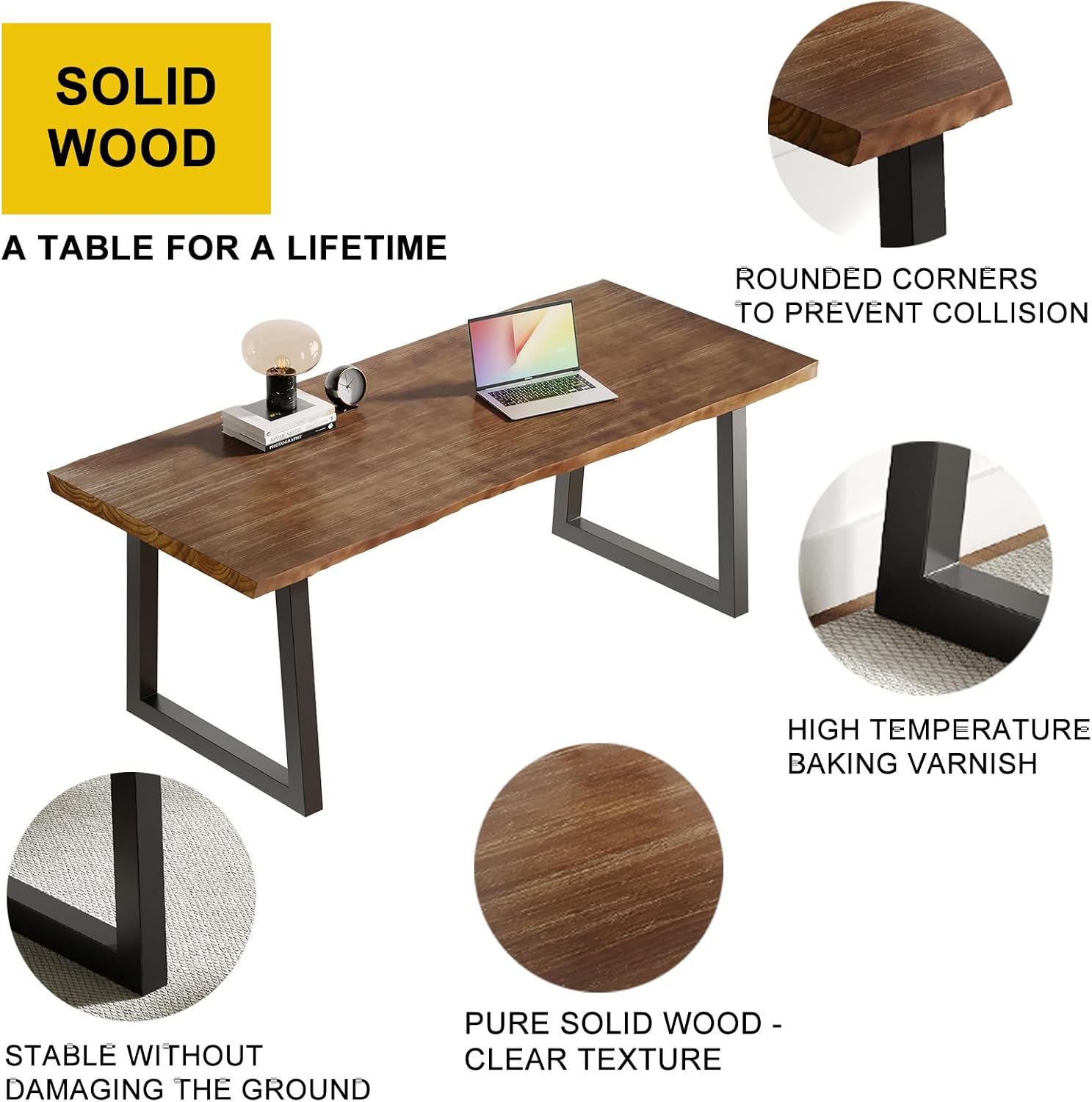 Sihtengxxhongs Solid Wood Computer Desk,Rustic Style 55-inch Large Office Desk- Modern Gaming Working for Home Office, Modern Simple Design, Ideal for Study, Writing, Dining