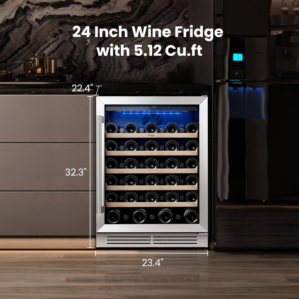 Yeego Wine Fridge Cooler - 24 Inch Wine Fridge Hold 52 Bottles, 40-65°F Wine Refrigerator Glass Door, Built in, Freestanding Under Counter Fridge for Beer Soda Drink Home Bar Office(5.12 Cu.ft)