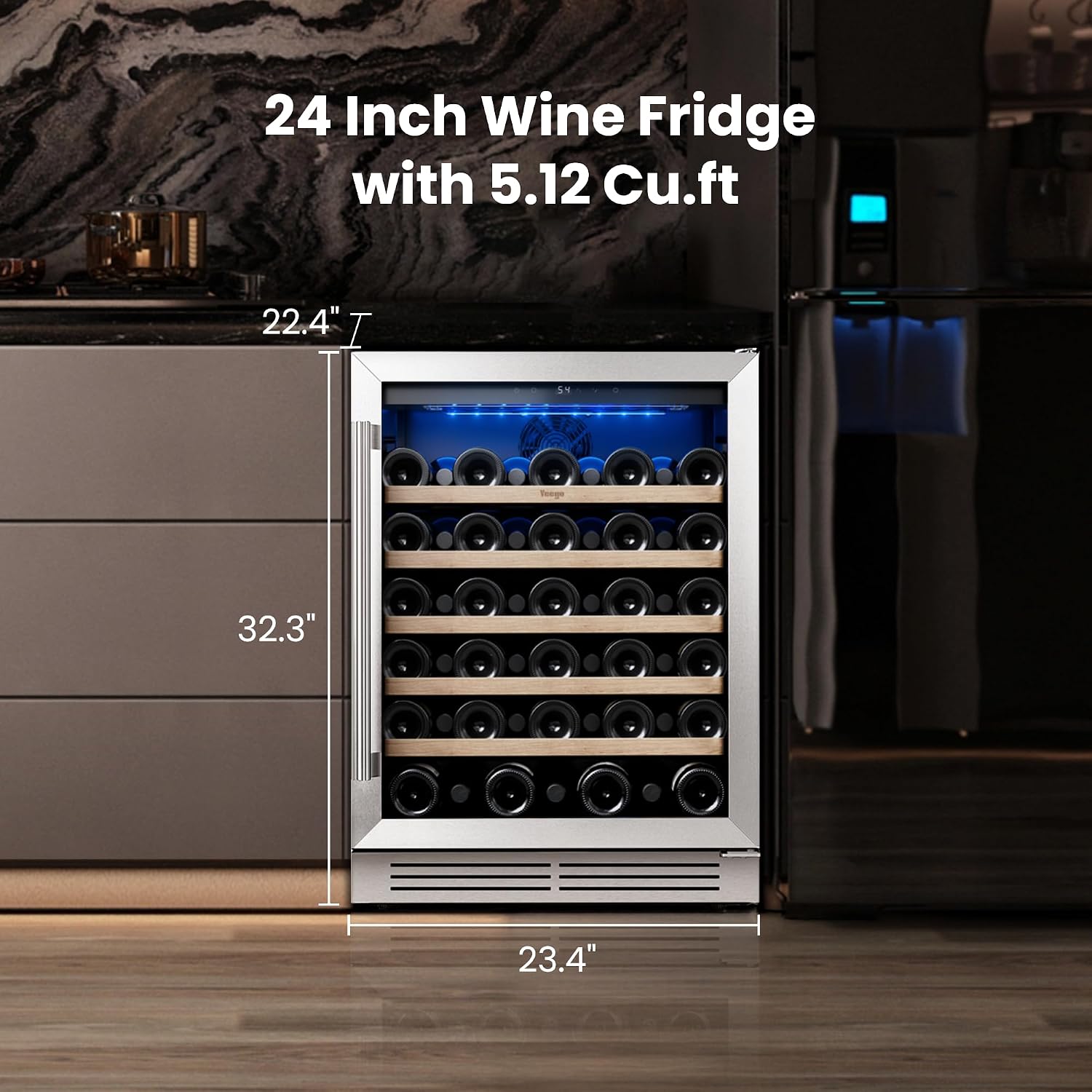 Yeego Wine Fridge Cooler - 24 Inch Wine Fridge Hold 52 Bottles, 40-65°F Wine Refrigerator Glass Door, Built in, Freestanding Under Counter Fridge for Beer Soda Drink Home Bar Office(5.12 Cu.ft)