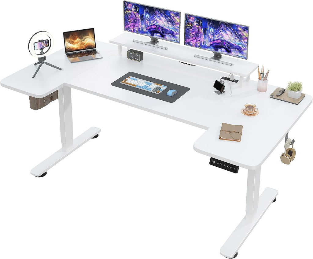 EnHomee 71 x 36 Inch U Shaped Electric Standing Desk, Height Adjustable Desk with Power Outlet, 3 Memory Height Preset,Monitor Shelf for Home Office Work Study Gaming, White