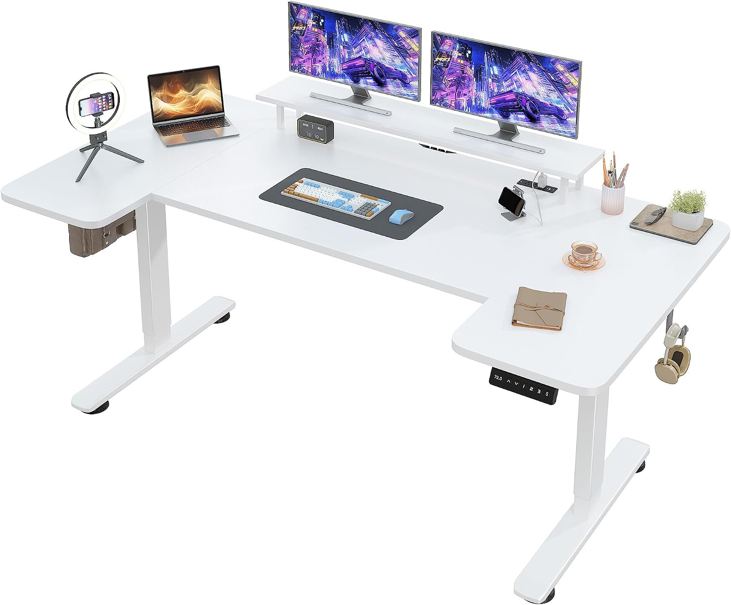EnHomee 71 x 36 Inch U Shaped Electric Standing Desk, Height Adjustable Desk with Power Outlet, 3 Memory Height Preset,Monitor Shelf for Home Office Work Study Gaming, White