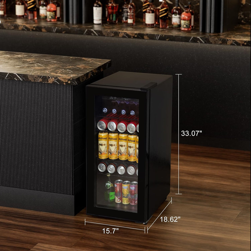 Cucina Magica Beverage Refrigerator 180 Can, Black Beer Fridge with Glass Door, 3.2 Cu Ft Mini Fridge for Drinks, Freestanding Cooler with Adjustable Shelves & Digital Temp Control