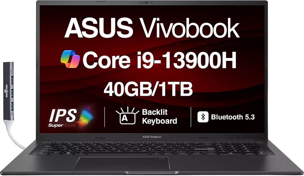 ASUS Vivobook K3704VA-DS96 17X Laptop 17.3' IPS FHD Display (Intel i9-13900H, 40GB DDR4, 1TB PCIe SSD, Intel Iris Xe, Backlit KB, Fingerprint, Webcam, WiFi 6E, Win 11 Pro) with Dockztorm Hub
