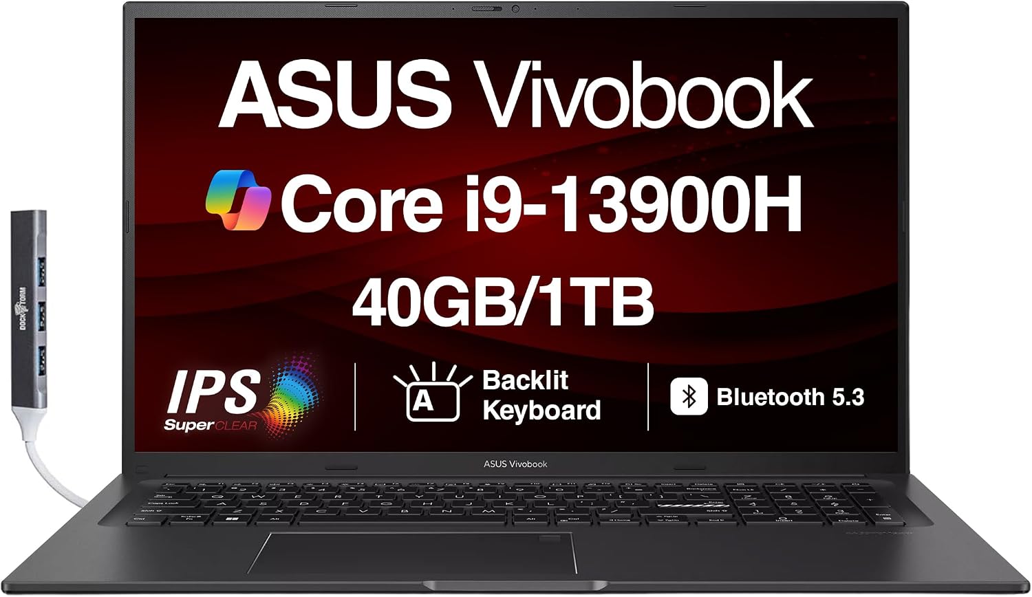ASUS Vivobook K3704VA-DS96 17X Laptop 17.3' IPS FHD Display (Intel i9-13900H, 40GB DDR4, 1TB PCIe SSD, Intel Iris Xe, Backlit KB, Fingerprint, Webcam, WiFi 6E, Win 11 Pro) with Dockztorm Hub