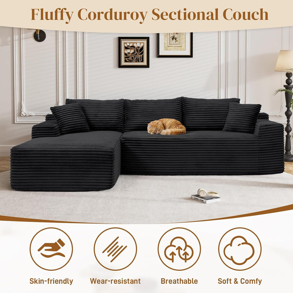 95' L Shaped Boneless Sectional Couches, Wide Armrest, Deep Seat, Memory Foam, Assembly Free, Modern Comfy Corduroy Fluffy Cloud Sofa with Left Chaise for Living Room, Small Spaces, Black