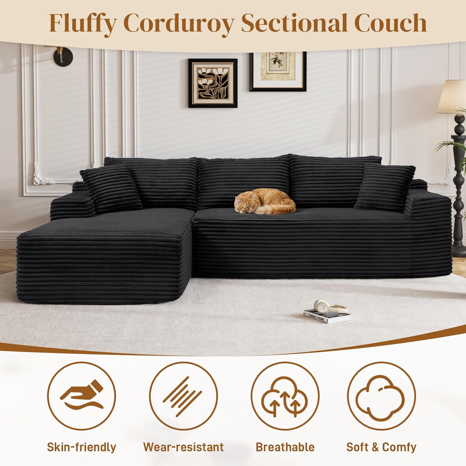 95' L Shaped Boneless Sectional Couches, Wide Armrest, Deep Seat, Memory Foam, Assembly Free, Modern Comfy Corduroy Fluffy Cloud Sofa with Left Chaise for Living Room, Small Spaces, Black