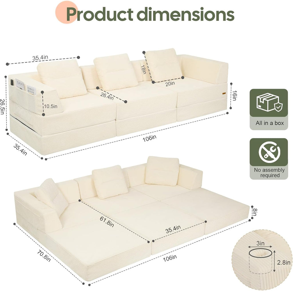 COMAX Futon Sofa Bed 3 Seater, 106' Convertible Sofa Bed Couches for Living Room, 4 in 1 Folding Boneless Sleeper Corduroy Couch Foam in a Box, Comfy Foldable Lounge Fold Out Floor Mattress, Beige