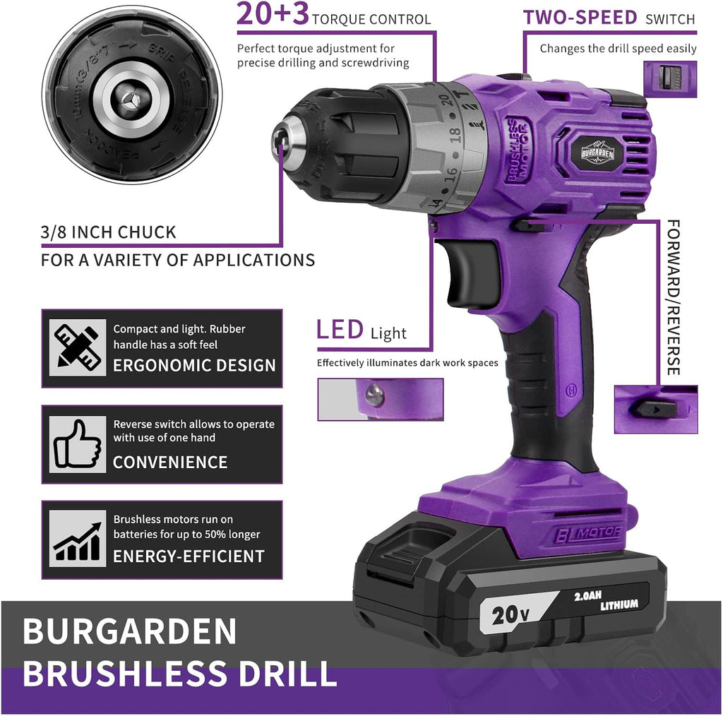 Purple Brushless Cordless Drill Set, 20V Compact Power Driver Kit with Electric Motor, 20+3 Torque Setting, 48 N.m, 2 Variable Speed, 23pcs Driver Bits, and Tool Box for Women Men Home DIY