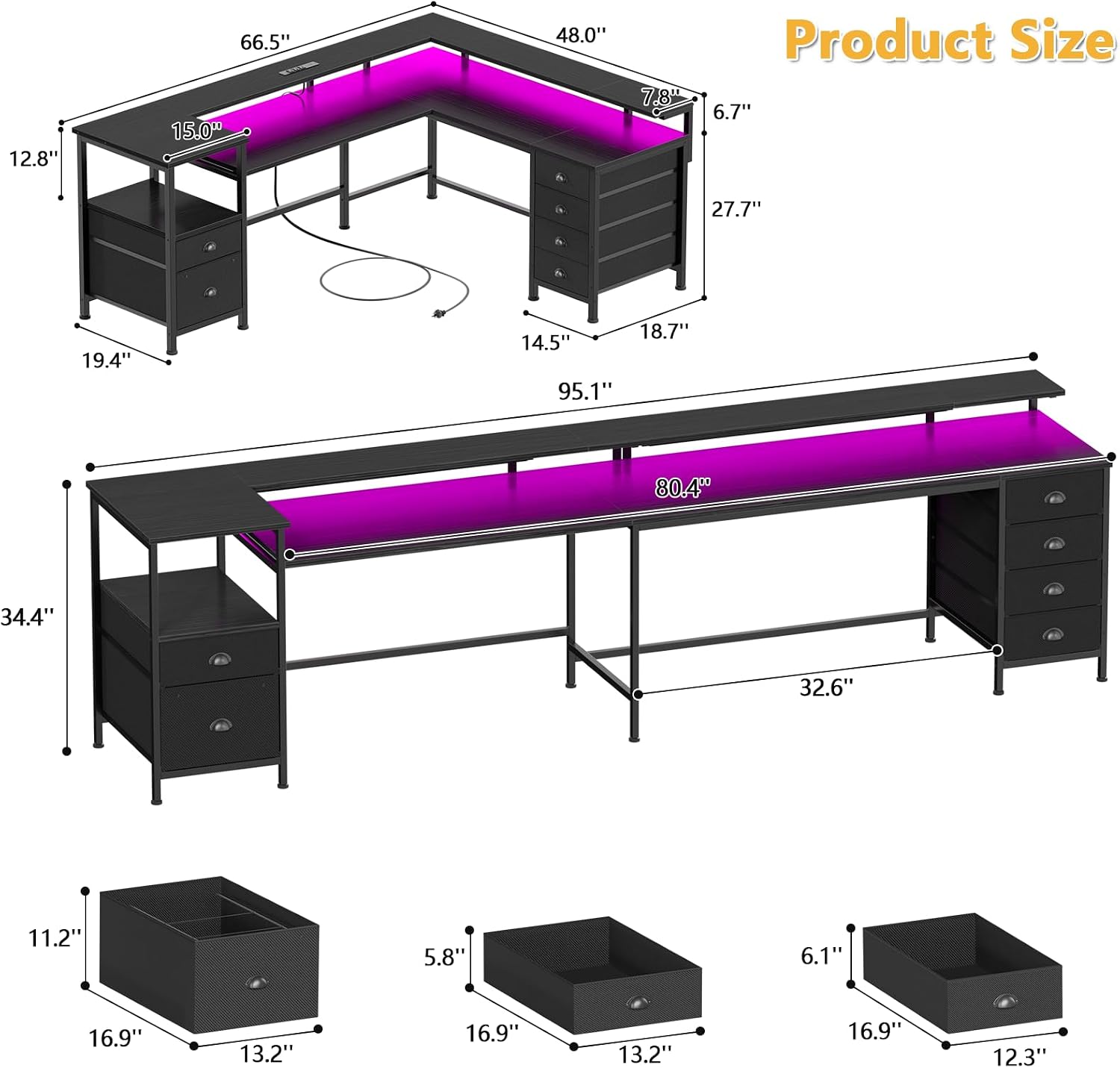 Furologee 95' Two Person Computer Gaming Desk, Long 2 Person Home Office Desk with 6 Drawers & Storage Shelves, Double Table with Power Outlets, LED Lights and Full Monitor Shelf, Black