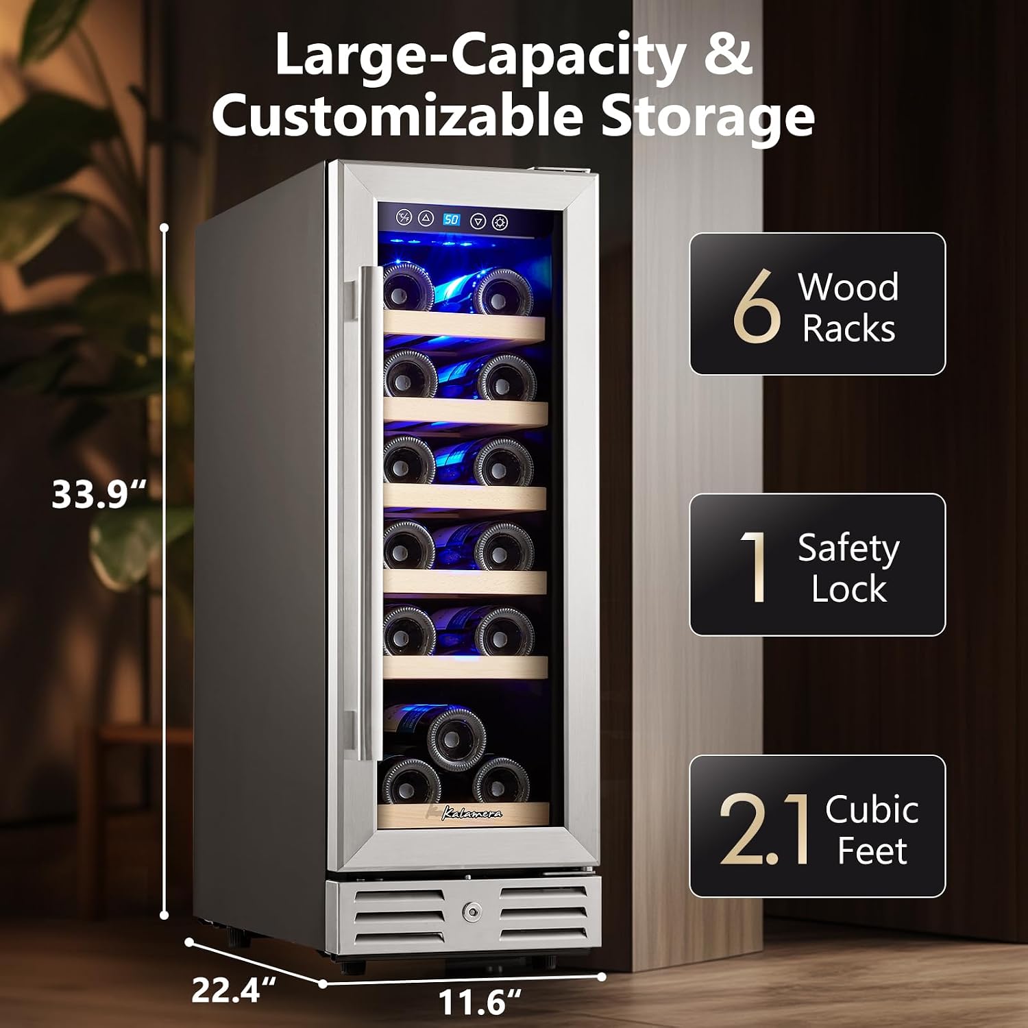 Kalamera Wine Fridge 18 Bottle - 12 inch Mini Cooler Refrigerator, Built-in or Freestanding, with Stainless Steel & Double-Layer Tempered Glass Door, and Temperature Memory Function