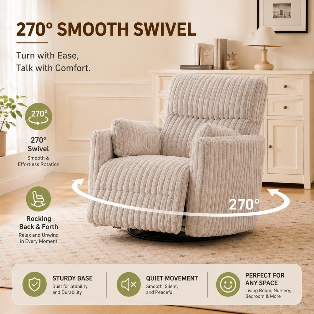 Power Nursery Rocking Chair Swivel Glider Reclining Chair with 2 Pillows, Nursery Glider Rocking Recliner with Type-C & USB Charger Port, Corduroy Upholstery Armchair for Living Room/ Off-White