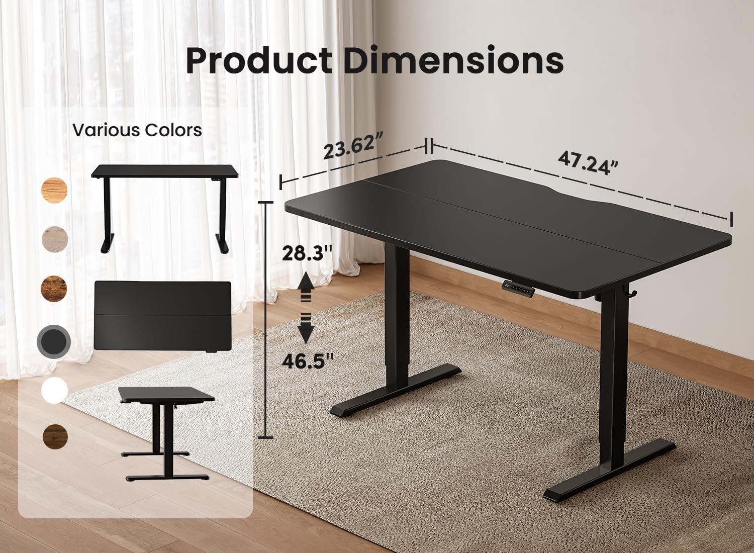 BANTI 48 × 24 Inches Standing Desk, Ergonomic, Electric Height Adjustable, Sit and Stand Up, Computer Office Desk with Splice Board, Black Frame/Black Top