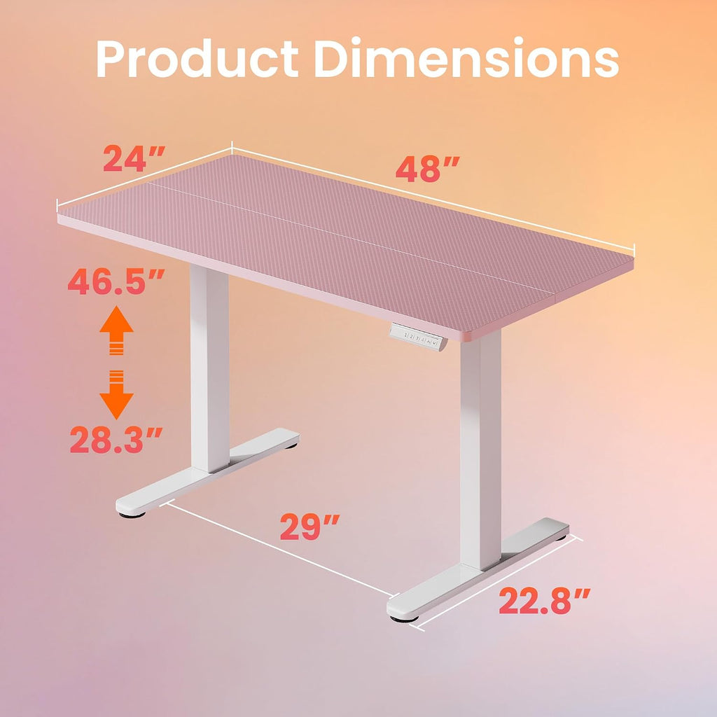 HUANUO Electric Standing Desk,48' x 24' Height Adjustable Desk, 4 Memory Height Settings, Sit to Stand Up Desk for Home Office, with Headphone Hook, Cable Manager, Pink