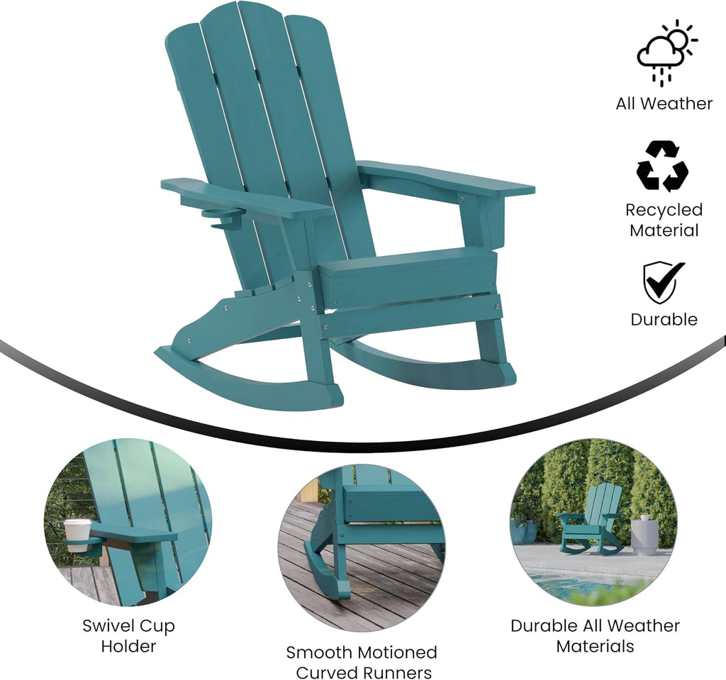 EMMA + OLIVER Tiverton Adirondack Rocking Chair with Cup Holder, Weather Resistant Poly Resin Adirondack Rocking Chair, Blue