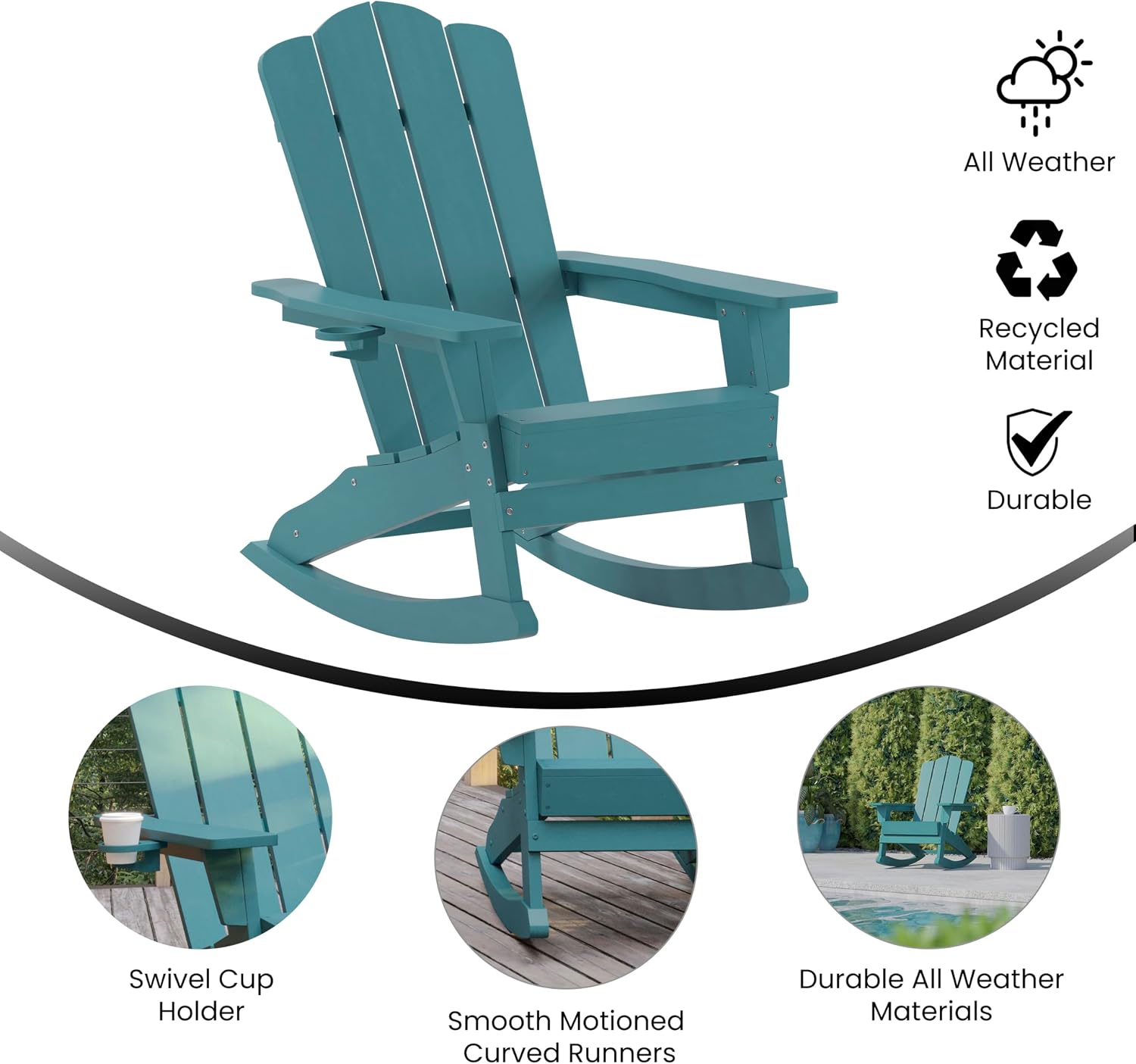 EMMA + OLIVER Tiverton Adirondack Rocking Chair with Cup Holder, Weather Resistant Poly Resin Adirondack Rocking Chair, Blue