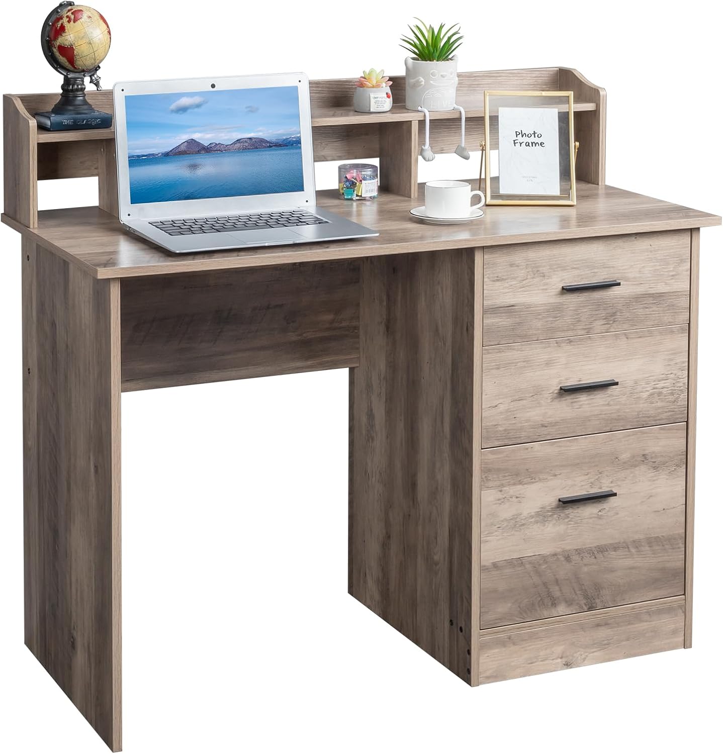 Karl home Grey Computer Desk with Drawers ＆ Hutch, Modern Home Office Desks with Storage for Kids Students Teens, Small Wood Table for Work Study Gaming Writing, PC Laptop Workstation