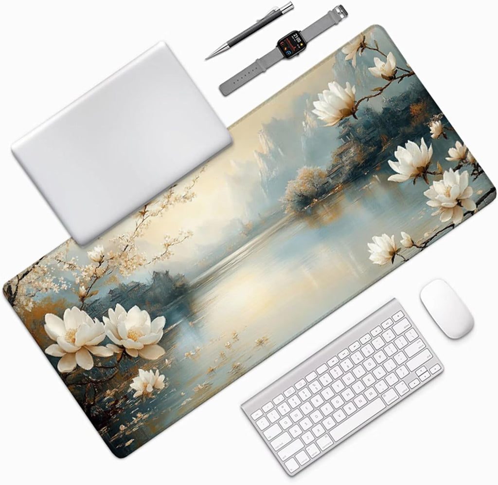 Flower Mouse Pad, Gaming Mouse Pad 64x32in, Desk Mat with Stitched Edges, Large Mousepad Waterproof, Gaming Accessories Keyboard Mat, Office Desk Accessories, for Gamer Computer Office, White S-2229