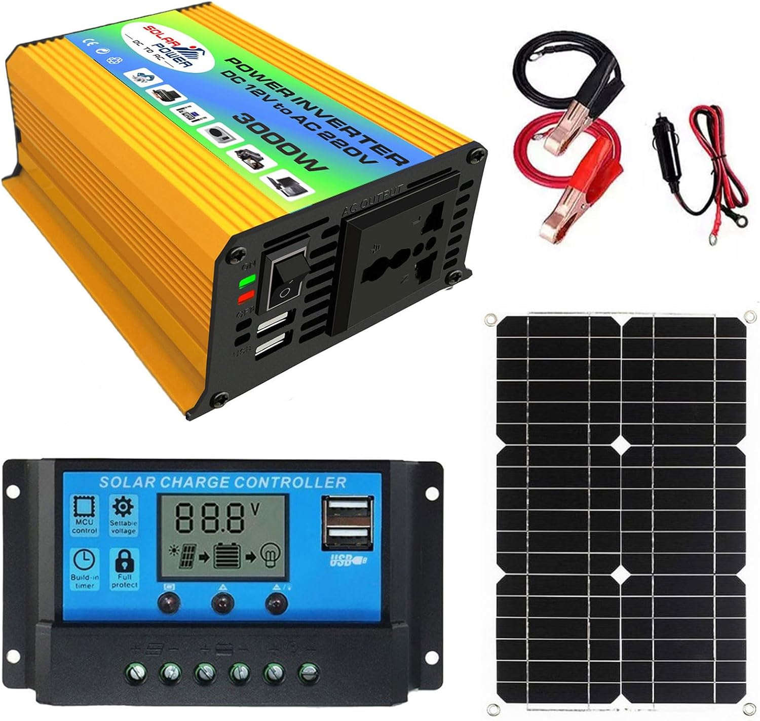 Portable Solar Power System 3000W Inverter with 18W Waterproof Solar Panel & Smart LCD Charge Controller for RV and Home Use