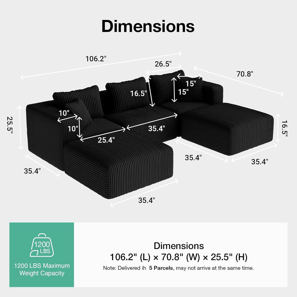 Novilla 106' Modular Sectional Sofa, Modern Cloud Sectional Couch with Smarts Coil® Support, U-Shape Boneless Couch for Living Room Apartments Bedroom, No Assembly Required (3 Seat w/ 2 Ottoman)
