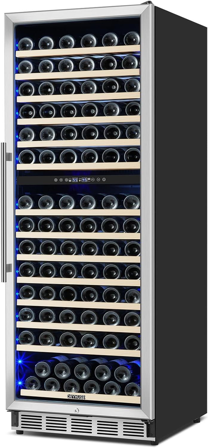 ORYMUSE Dual Zone Wine Fridge Freestanding 175 Bottle, 24 Inch Large Capacity Built-in Wine Cooler Refrigerator with Upgraded Compressor Cooling and Intelligent Temperature Memory