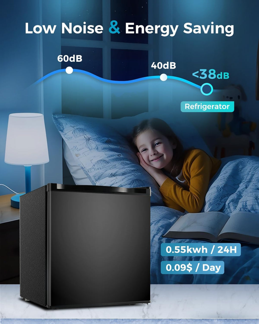 Feelfunn Mini Fridge with Freezer - 1.7 Cu.Ft Single Door Mini Refrigerator with Adjustable Thermostat, Energy Saving, Low Noise, Small Fridge for Bedroom, Office, Dorm, Apartment, Classroom - Black