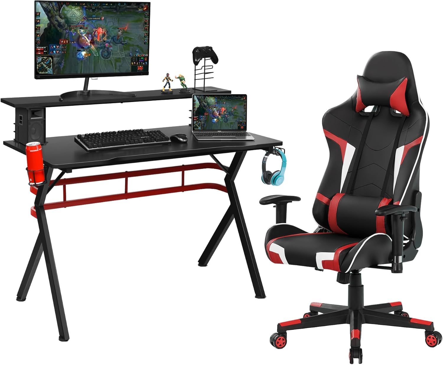 Tangkula Gaming Desk and Chair Set, Ergonomic Gamer Desk & Racing Chair Set Cup Holder, Headphone Hook, Handle Rack & Monitor Stand, Massage & Headrest, Home Office Computer Desk Chair Set (Red)