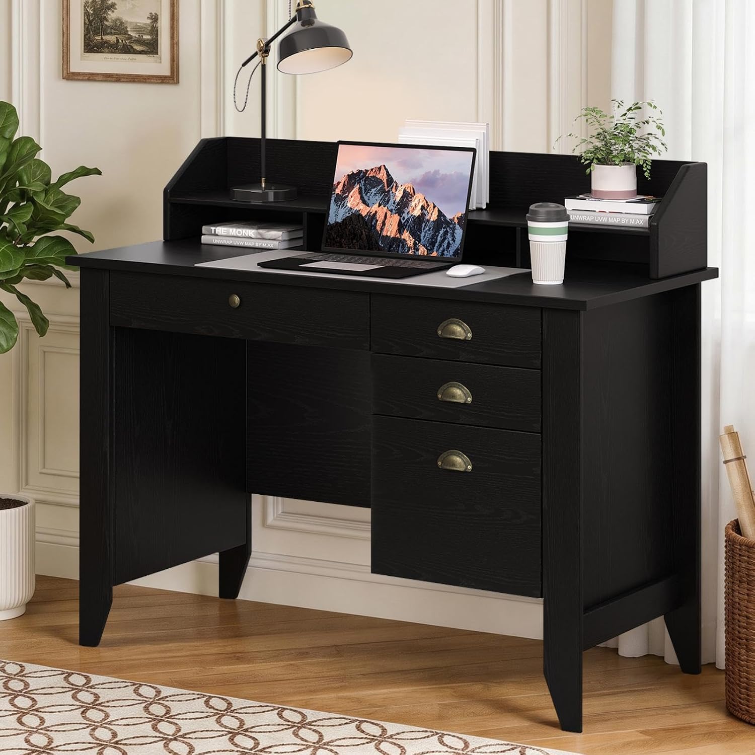 4 EVER WINNER Black Desk with Drawers, Small Desk with File Drawer and Monitor Stand, Computer Desk with Storage, Writing Desk for Bedroom Home Office, Black