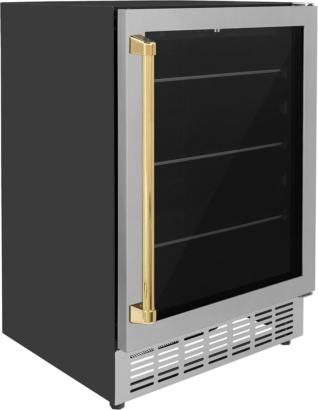 Z Line Kitchen and Bath ZLINE 24' Autograph Edition 154 Can Beverage Cooler Fridge with Adjustable Shelves in Stainless Steel with Gold Accents (RBV-US-24-G)