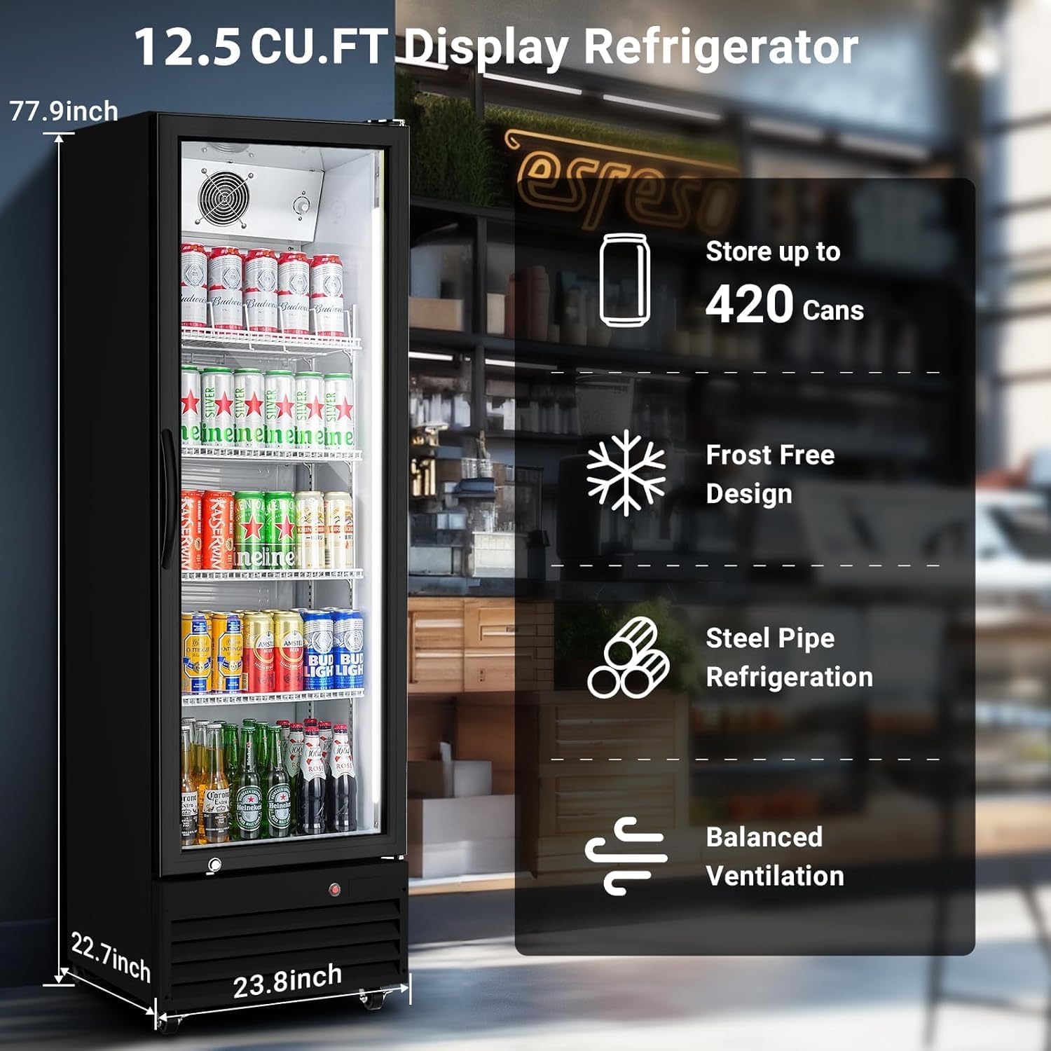 BODEGA BODEGACOOLER Glass Door Commercial Drink Refrigerator,12.5 Cu.Ft Display Merchandiser Refrigerator,Upright Commercial Beverage Display Drink Cooler with Soft LED Light,Adjustable Shelves,Black