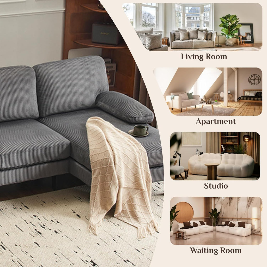 Karl home U-Shape Sectional Sofa Couch 111' Modern 4-Seat Sofa with Chaises Corduroy Fabric Upholstered Covertible Couch with Wood Grain Legs for Living Room, Reception Room, Apartment, Dark Gray