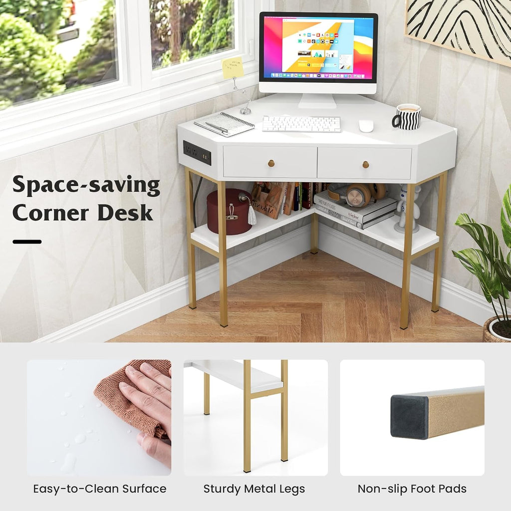Tangkula White Corner Desk with 2 Drawers & Built-in Charging Station, 90 Degrees Triangle Computer Desk for Small Space, Bedroom Makeup Vanity Desk with Shelves, Corner Writing Desk
