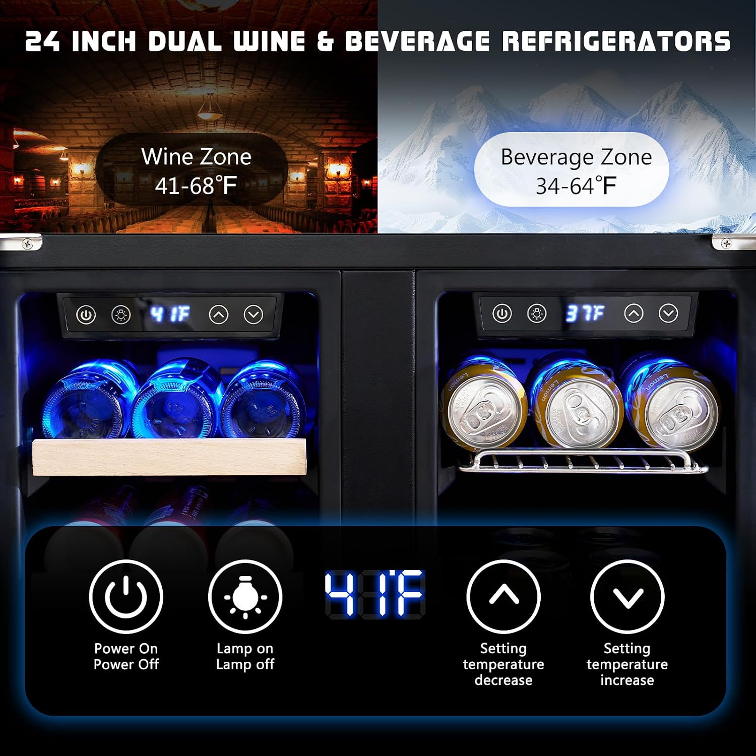 Jocisland Beverage Refrigerator, 24-Inch Dual Zone Fridge Cooler with Glass Door, Built-In or Freestanding for Wine and Beer, Holds 20 Bottles & 78 Cans, 34–64℉ & 41–68℉ for Kitchen, Bar, Office