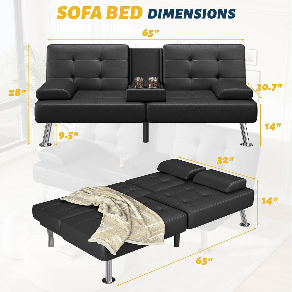 Furmax Futon Sofa Bed Adjustable Futon Couch Sleeper Sofa Bed for Living Room, Business Office, Recliner Sofas with Cup Holders (PU Leather, Black)