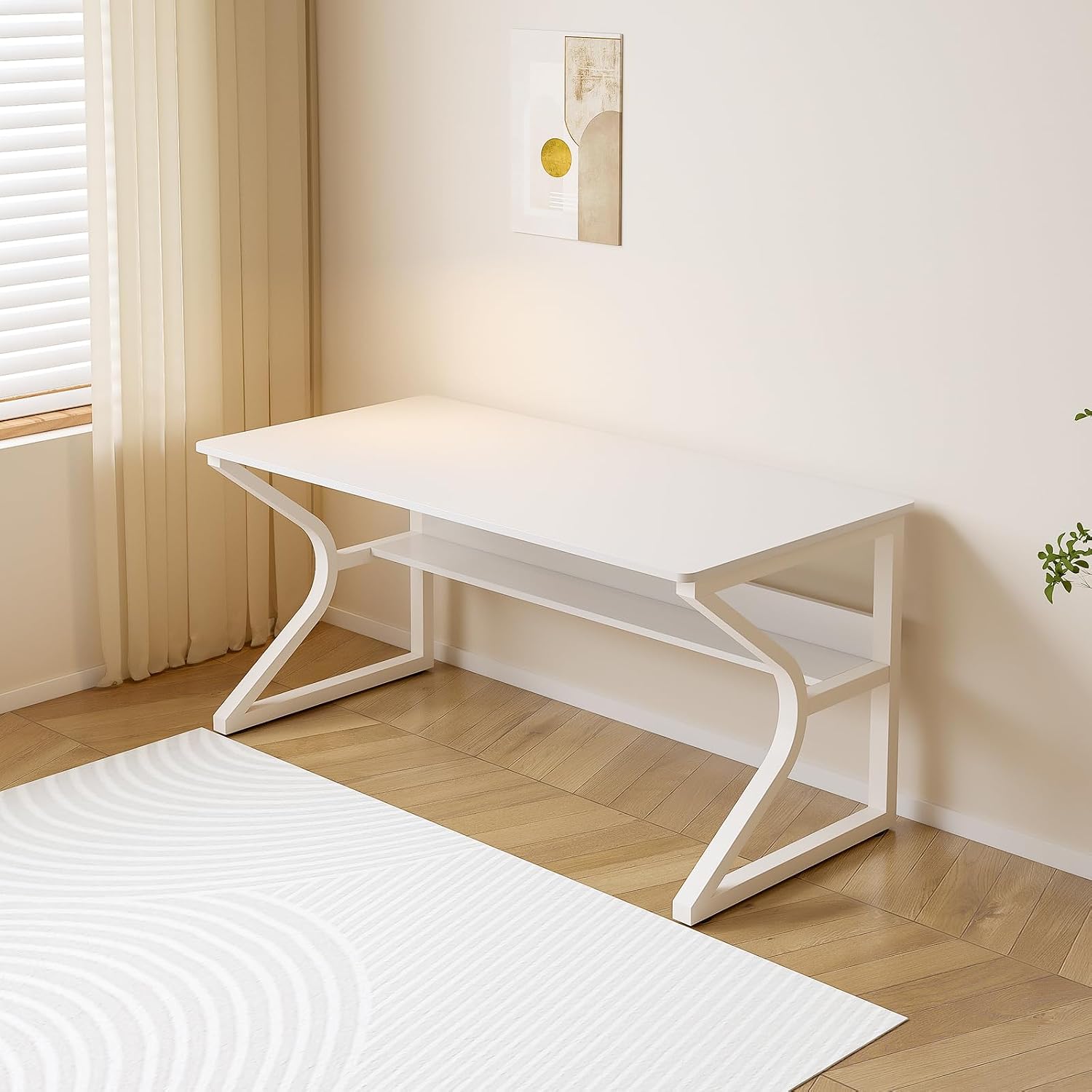 OSCHF Office Desk with Storage Shelf - 47.3' Long Writing Table for Single-Person Workstation, Modern Study Gaming Computer Desk, Warm White