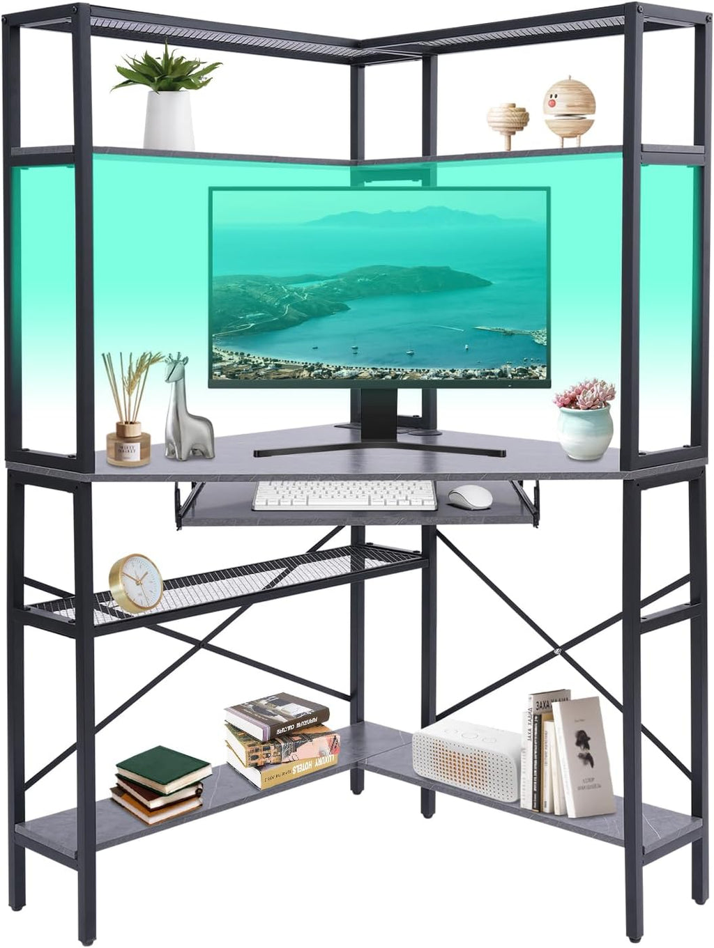 Corner Small Desk for Small Space, 29.5'*29.5'*60' Corner Computer Desk with USB Ports Triangle Gaming Desk with with RGB LED Lighting for Home Office, Living Room, Bedroom (1-Grey)